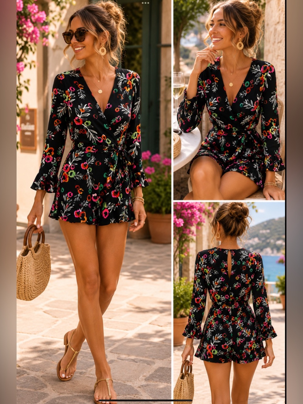 Strut & Bolt Floral Romper Wrap Dress Sz S Multicolor V-neck Long Sleeve